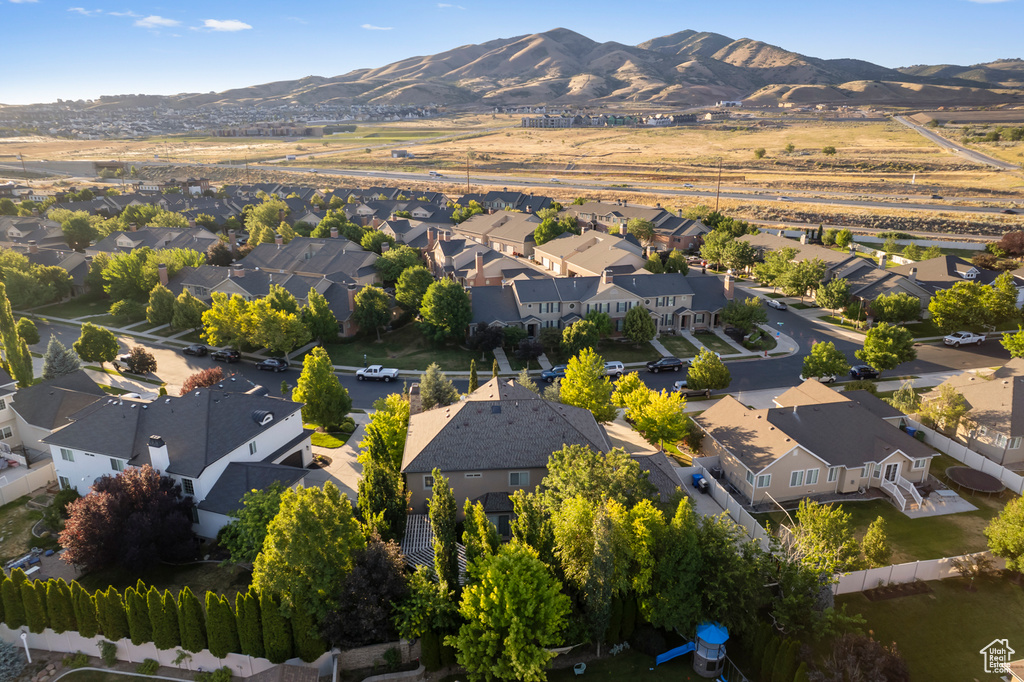 Aerial view of residential area with mountains