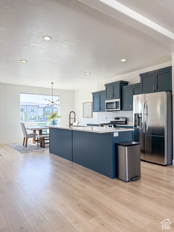 Kitchen with appliances with stainless steel finishes, light countertops, light wood-type flooring, an island with sink, and backsplash