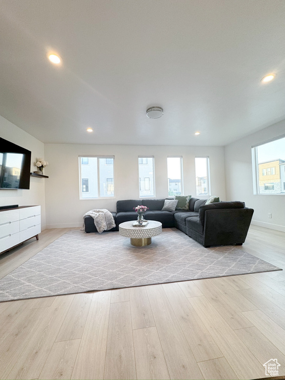 Living area with wood finished floors and recessed lighting