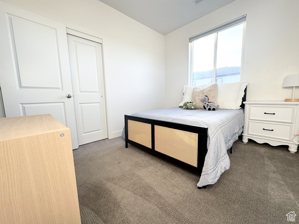 Bedroom featuring carpet floors, lofted ceiling, and a closet