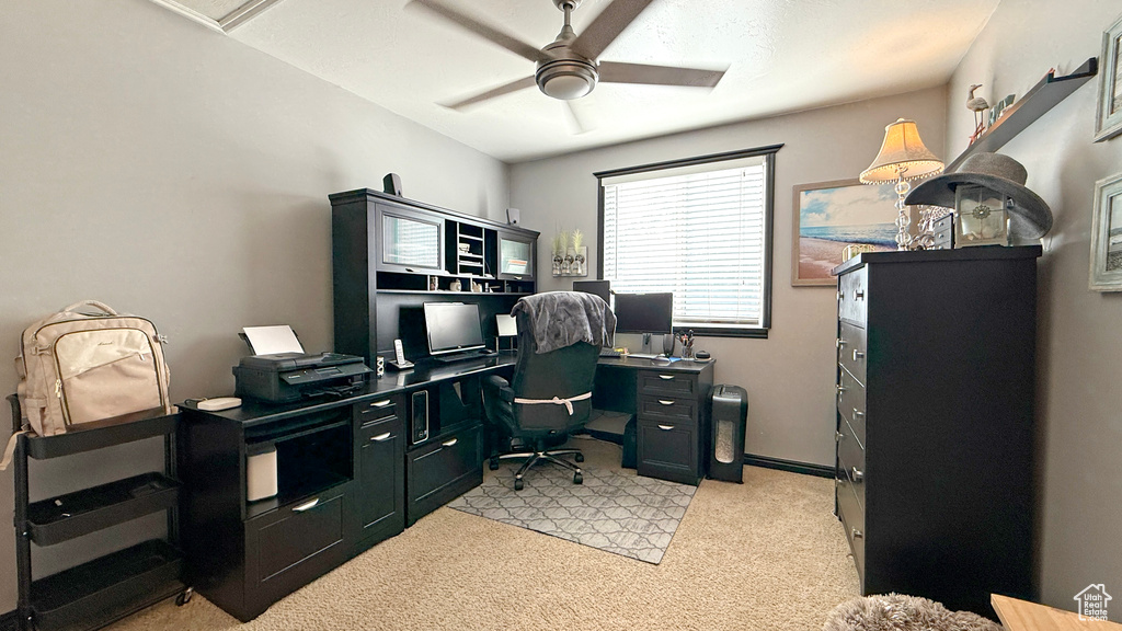 Office space featuring light colored carpet and a ceiling fan