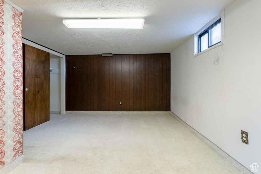Basement featuring wood walls and a textured ceiling