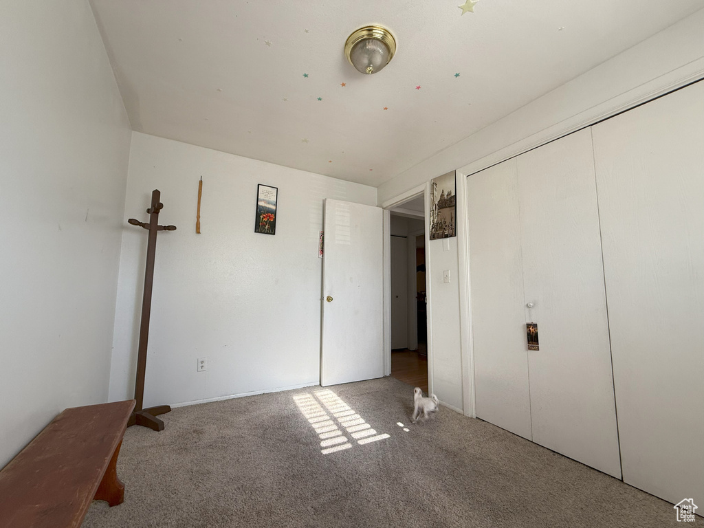Unfurnished bedroom featuring carpet floors and a closet