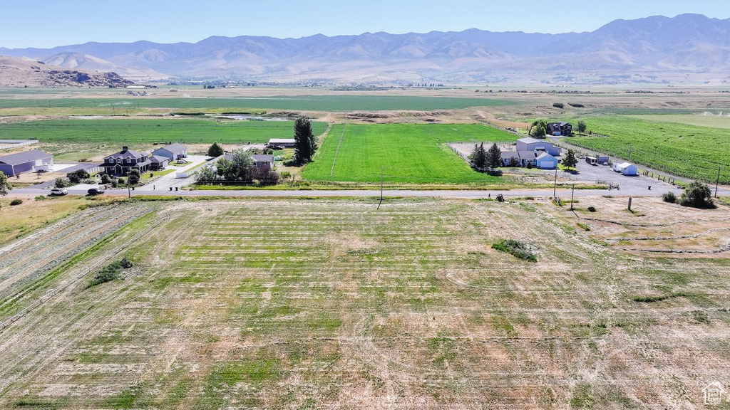 Overview of rural landscape featuring mountains and rows of crops