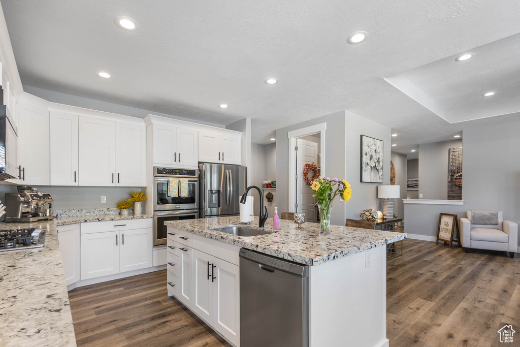 Kitchen with appliances with stainless steel finishes, dark wood-type flooring, open floor plan, light stone counters, and a center island with sink