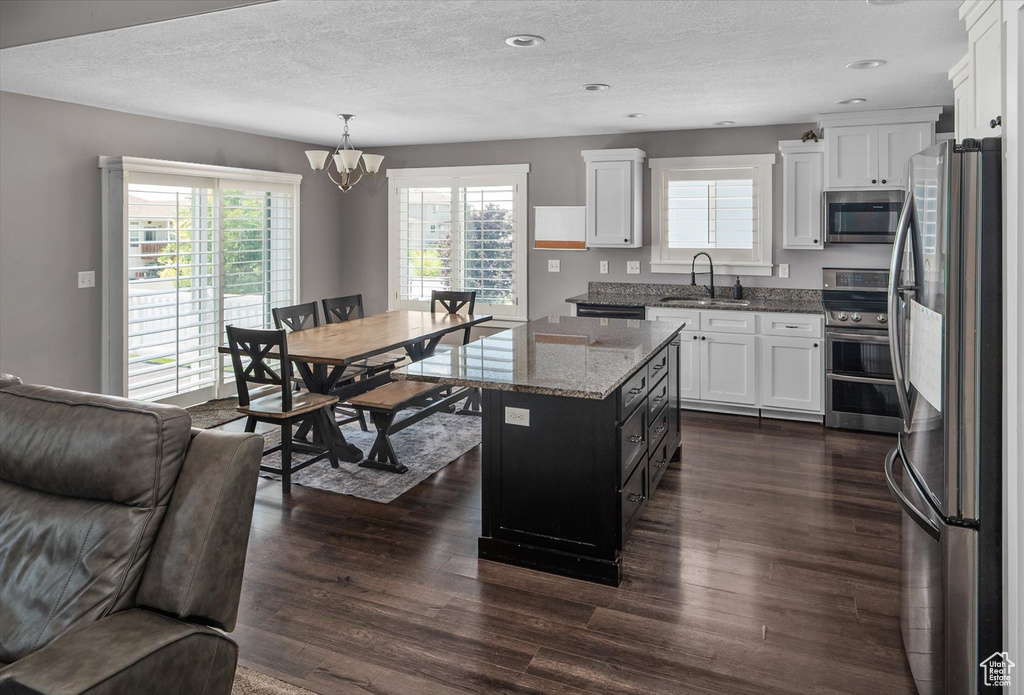 Kitchen with appliances with stainless steel finishes, a chandelier, white cabinetry, dark wood-style flooring, and healthy amount of natural light