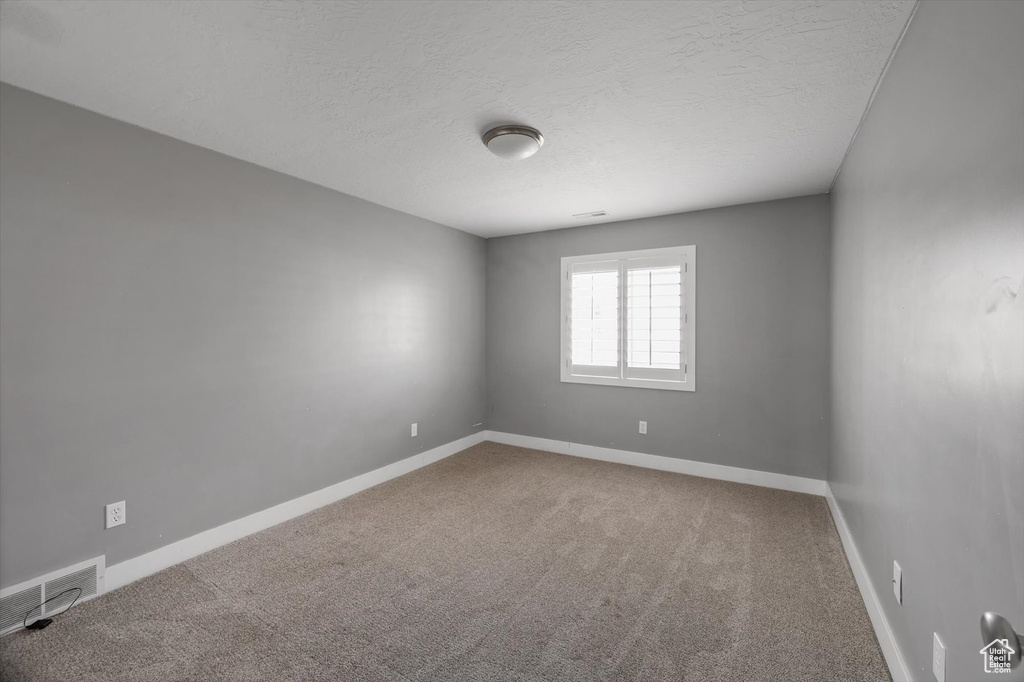 Carpeted spare room featuring baseboards and a textured ceiling