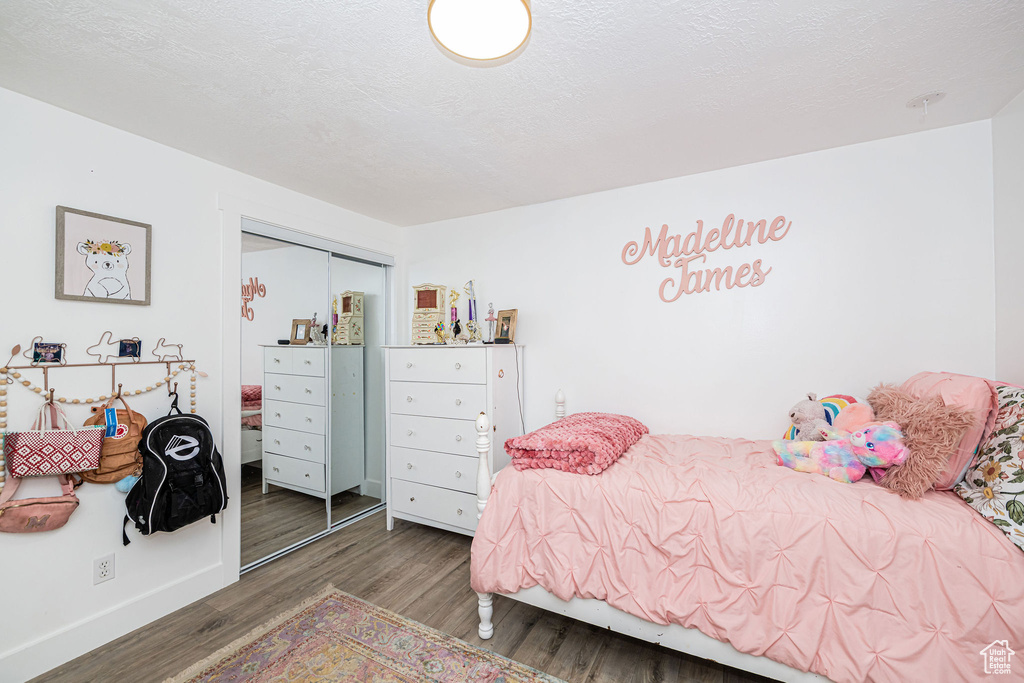 Bedroom featuring wood finished floors and a closet