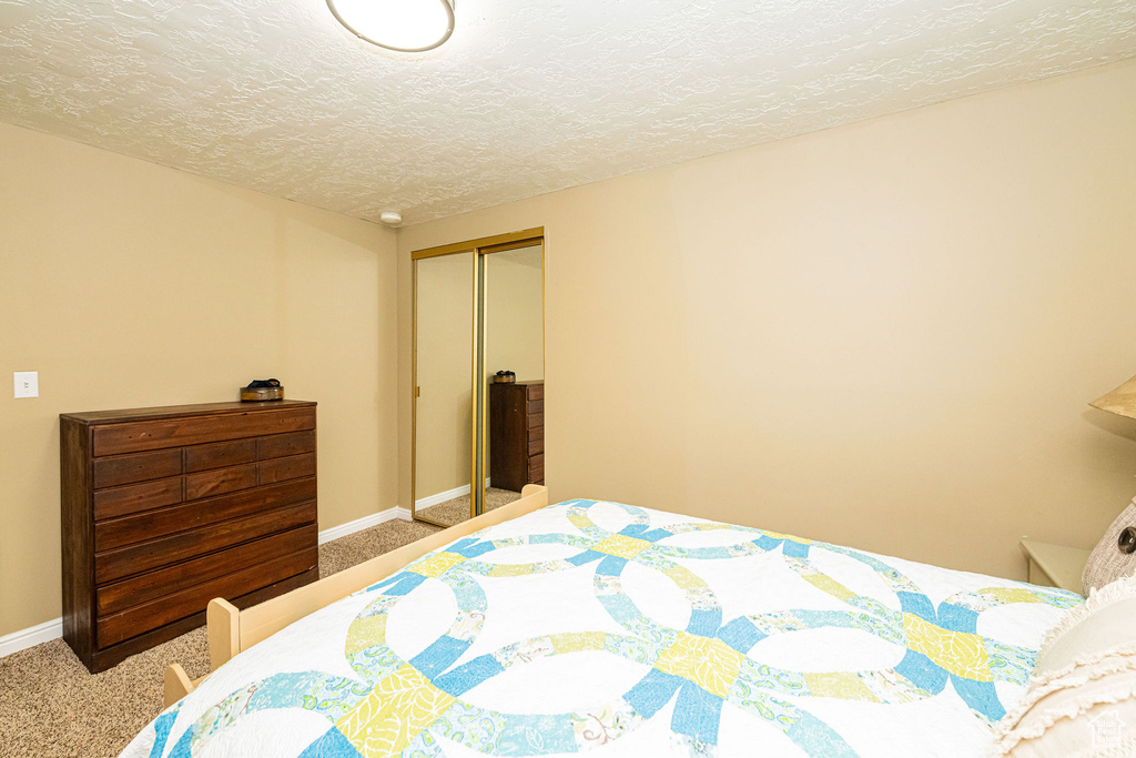 Carpeted bedroom with a closet and a textured ceiling