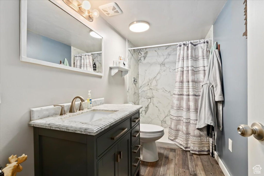 Full bathroom with vanity, wood finished floors, and a shower with shower curtain