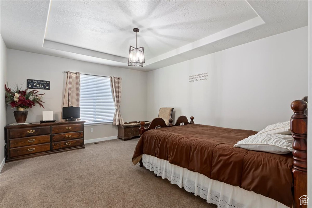 Bedroom with a raised ceiling, carpet flooring, and a textured ceiling