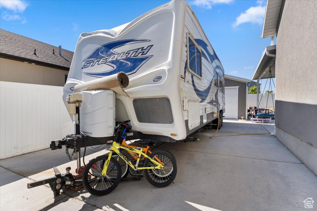 Exterior space featuring a garage