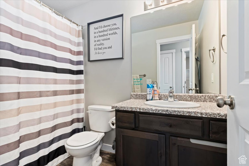 Bathroom with vanity, wood finished floors, and curtained shower