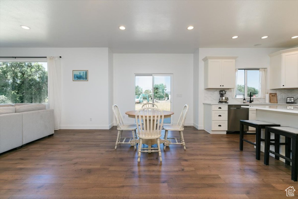 Dining area featuring plenty of natural light, recessed lighting, and dark wood-style flooring