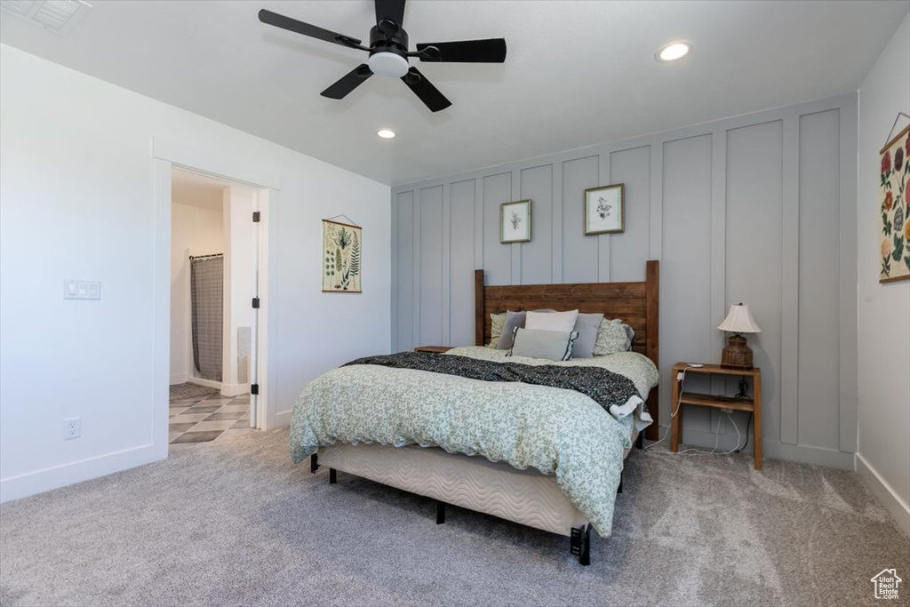 Bedroom featuring carpet flooring, recessed lighting, and a ceiling fan