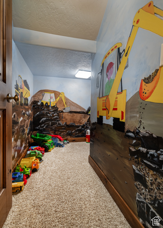 Game room featuring carpet flooring and a textured ceiling