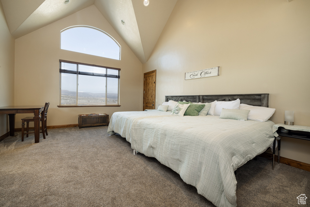 Carpeted bedroom featuring high vaulted ceiling and baseboards