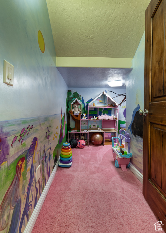 Game room featuring carpet flooring, a textured ceiling, and lofted ceiling