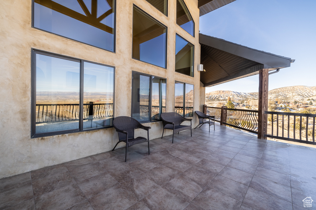 View of patio featuring a mountain view