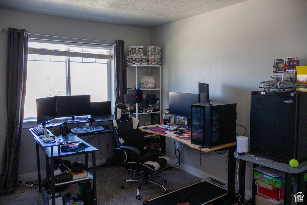 Carpeted home office with a textured ceiling