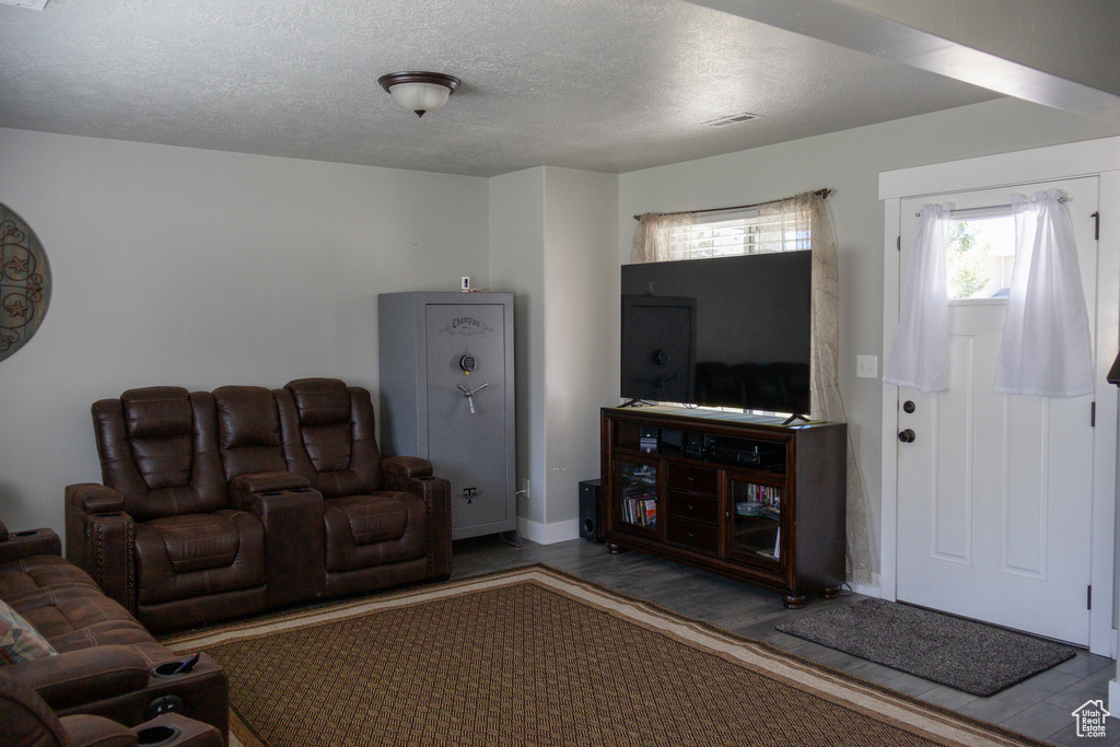 Living room with wood finished floors and a textured ceiling