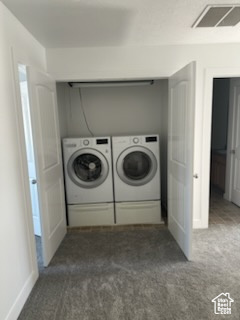 Laundry area featuring carpet flooring and independent washer and dryer