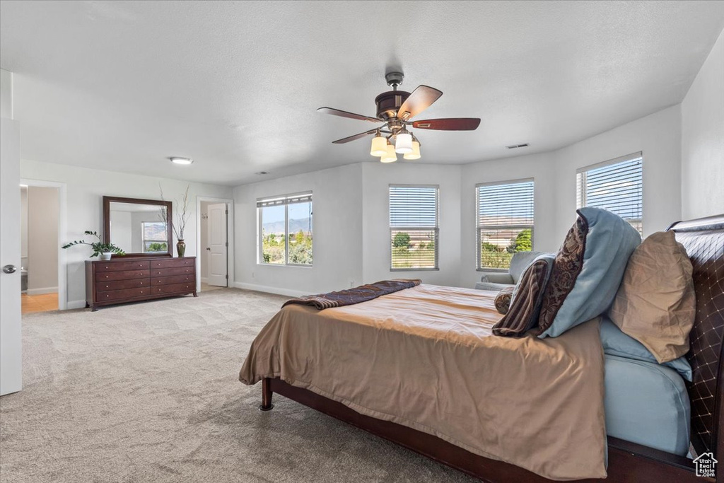 Carpeted bedroom with baseboards and a ceiling fan