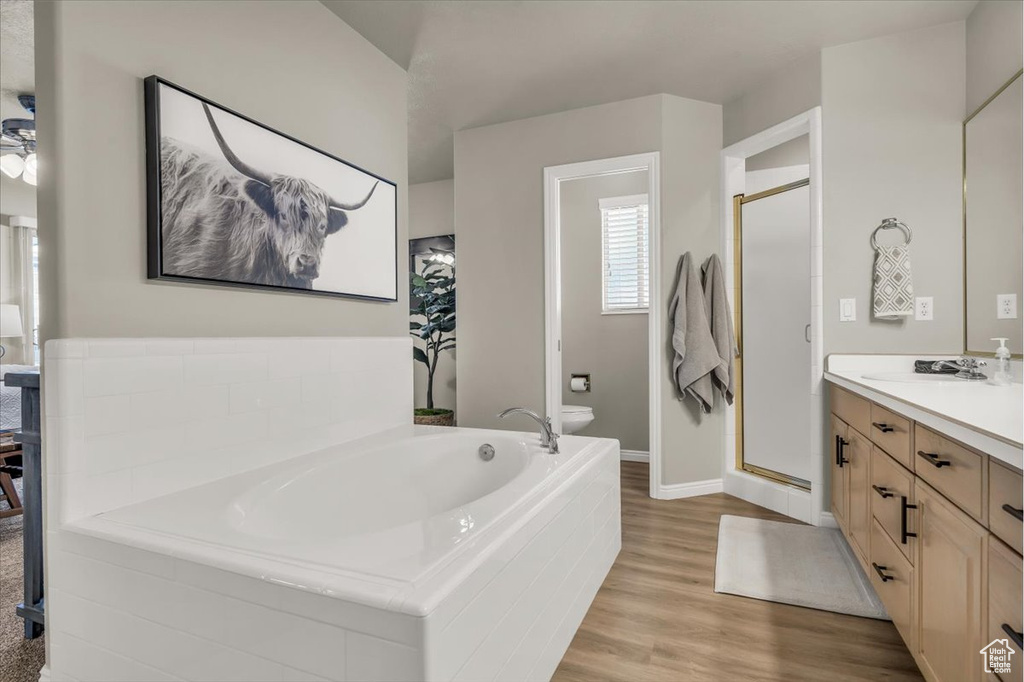 Bathroom with a bath, wood finished floors, a stall shower, and vanity