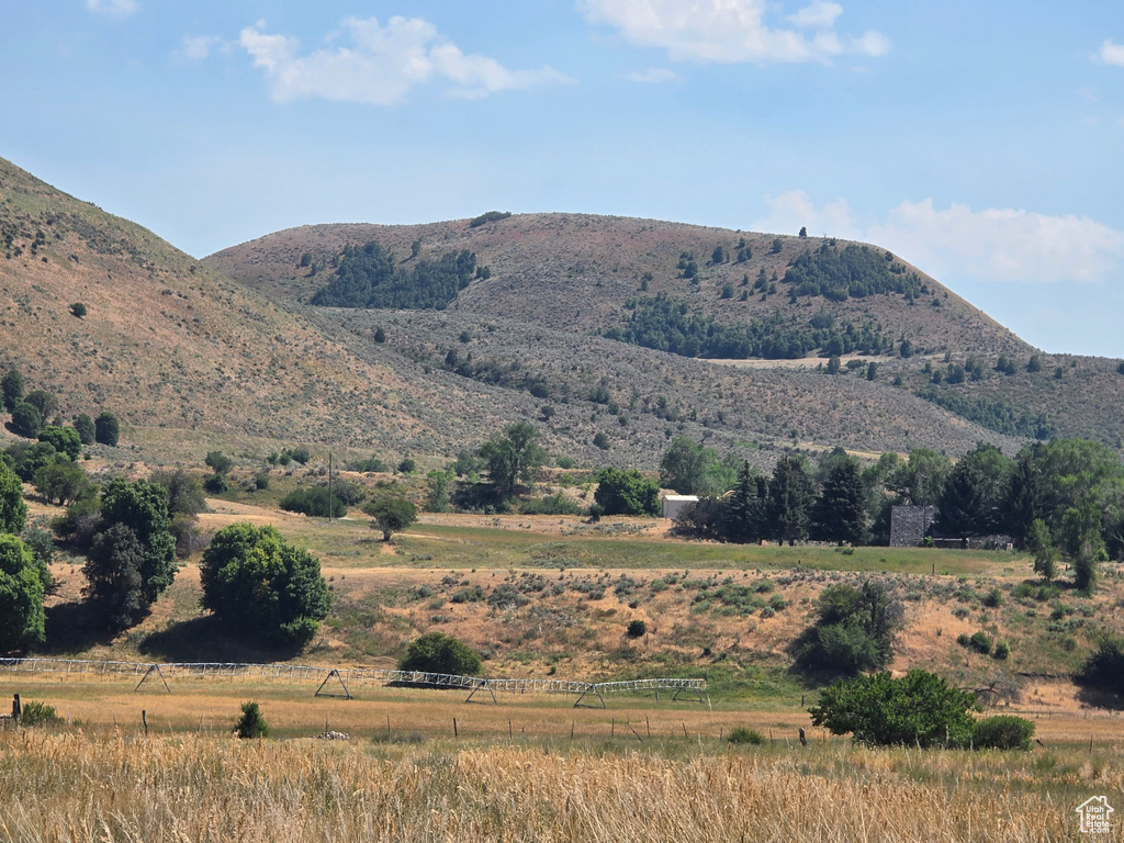 View of mountain backdrop with rural landscape
