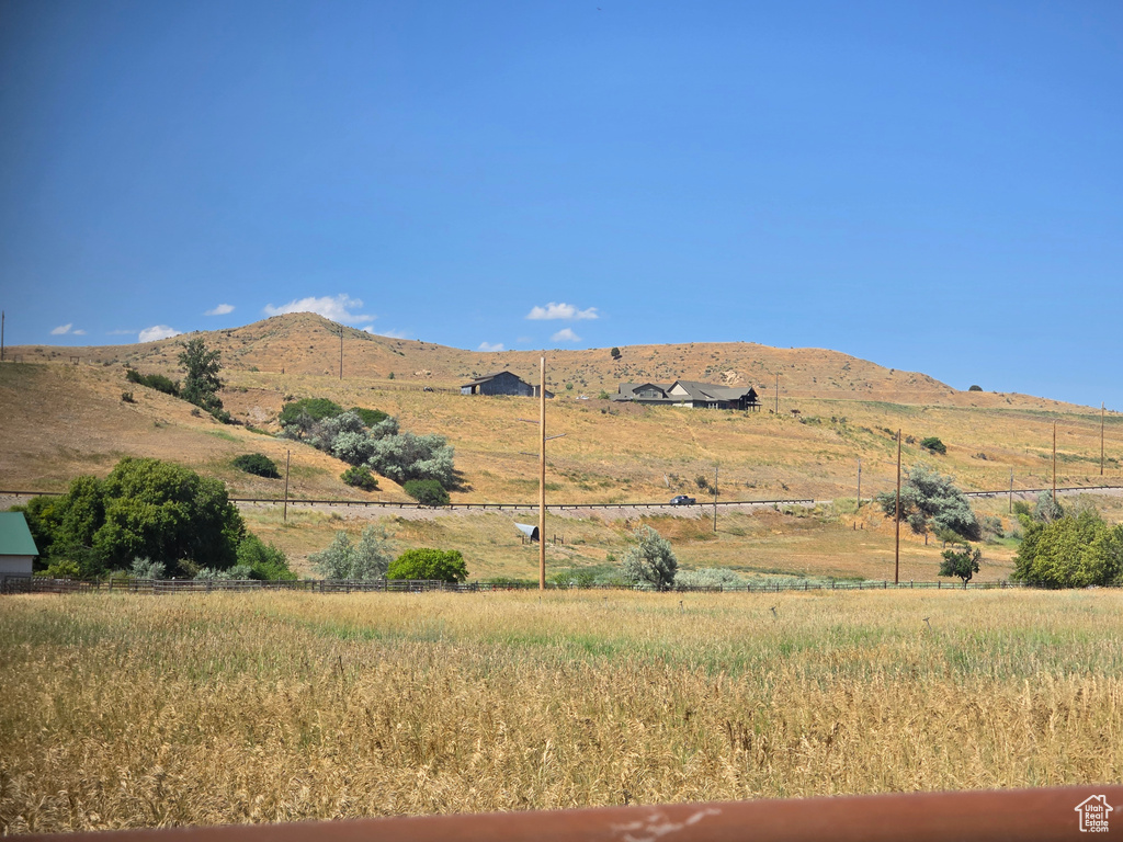 View of mountain backdrop with rural landscape
