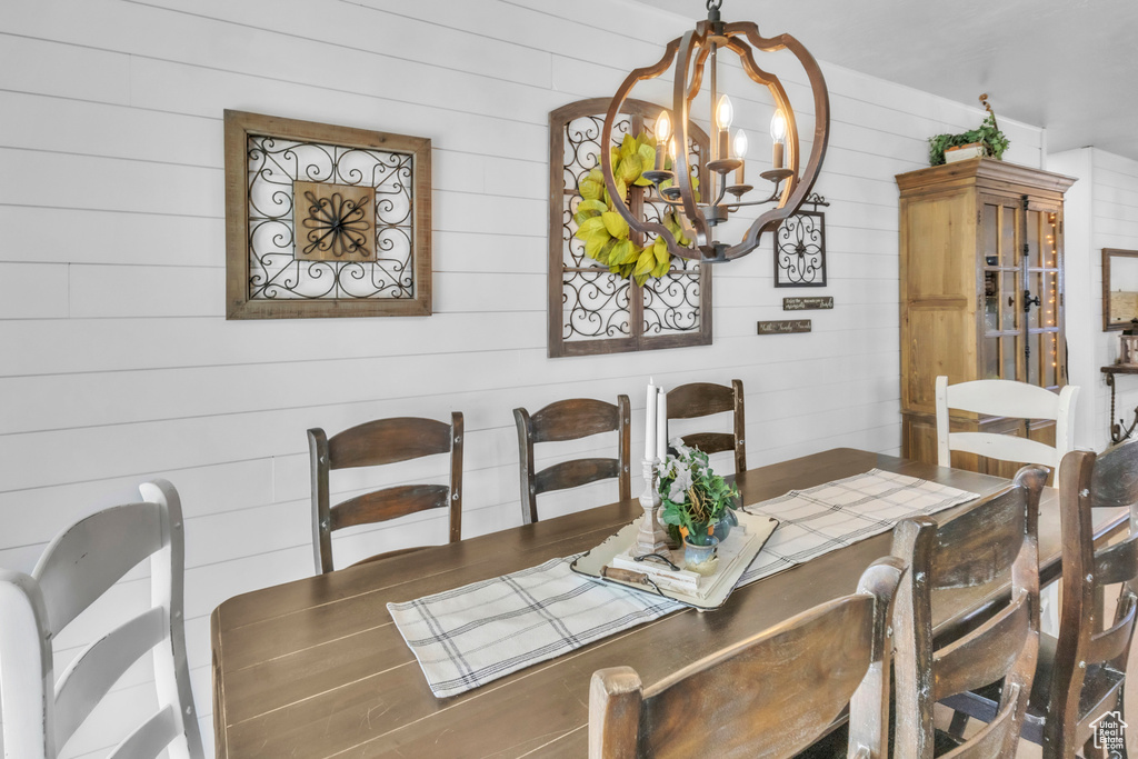 Dining area featuring a chandelier and wood walls