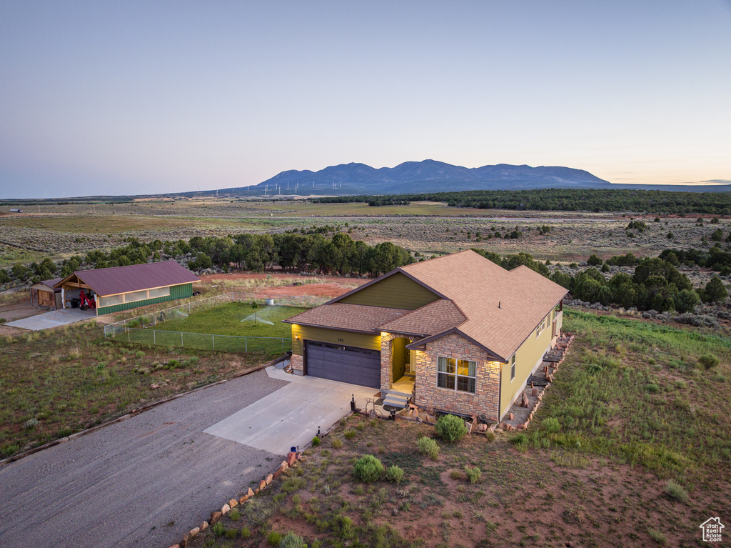 Aerial view at dusk of a mountain view