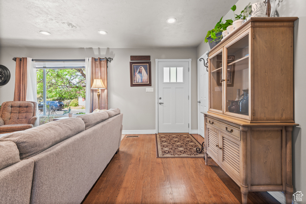 Entryway featuring wood finished floors and recessed lighting