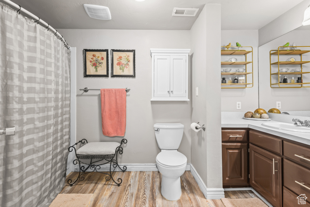 Full bath featuring wood finished floors and vanity