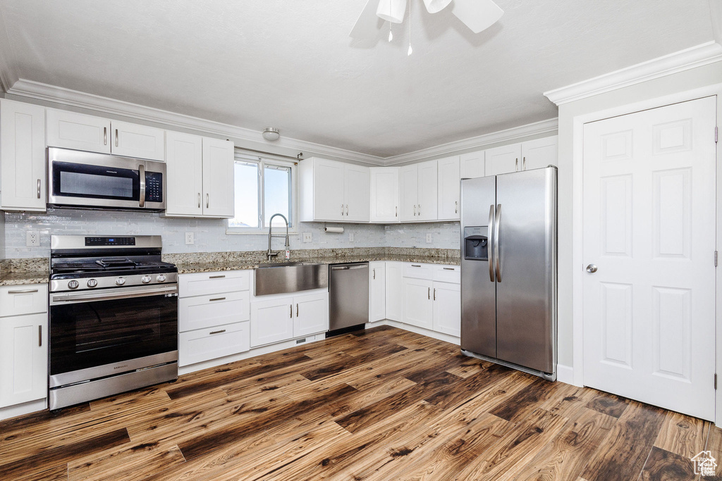 Kitchen with stainless steel appliances, ornamental molding, white cabinetry, dark wood finished floors, and backsplash