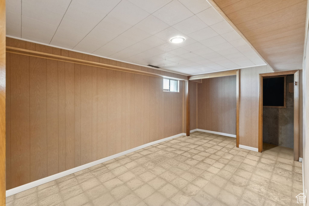 Basement featuring wood walls