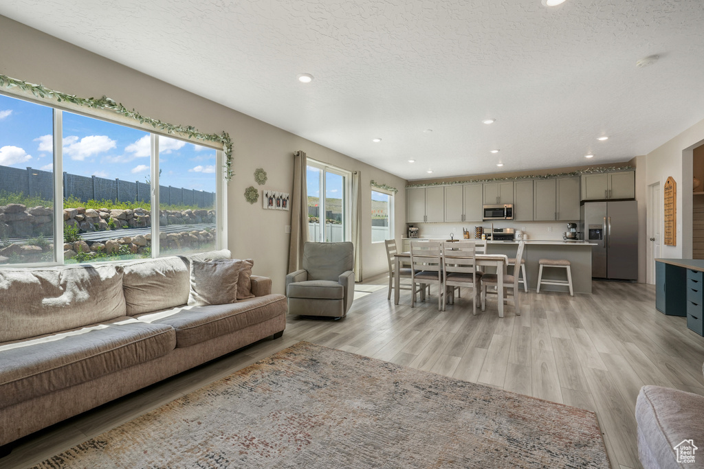 Living room featuring light wood-style floors and recessed lighting