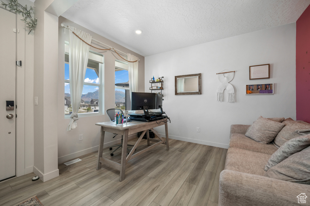 Office area featuring light wood-style flooring, a textured ceiling, and recessed lighting