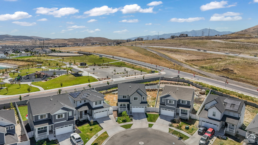 Aerial view of residential area with mountains