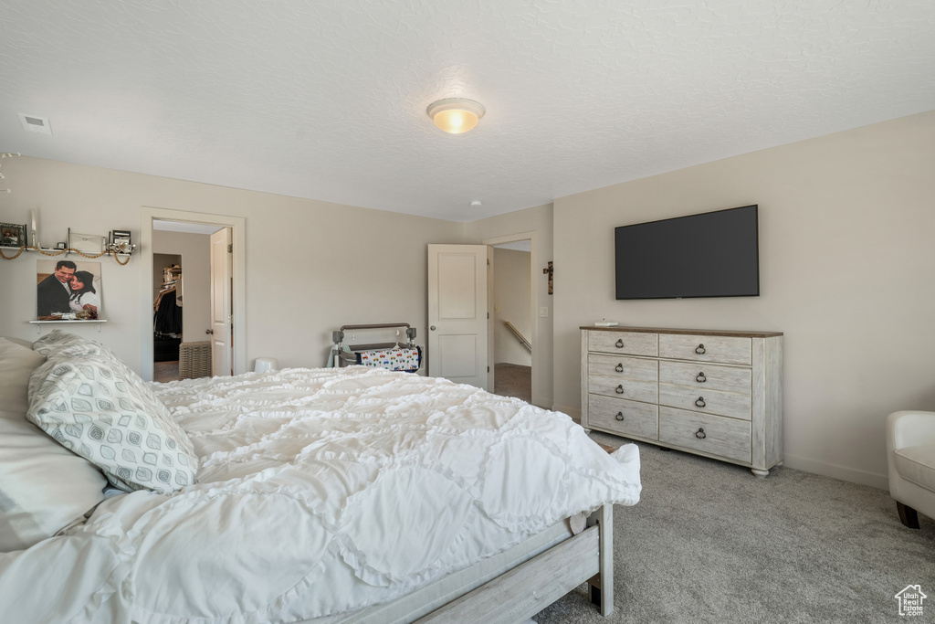 Carpeted bedroom with a walk in closet and baseboards