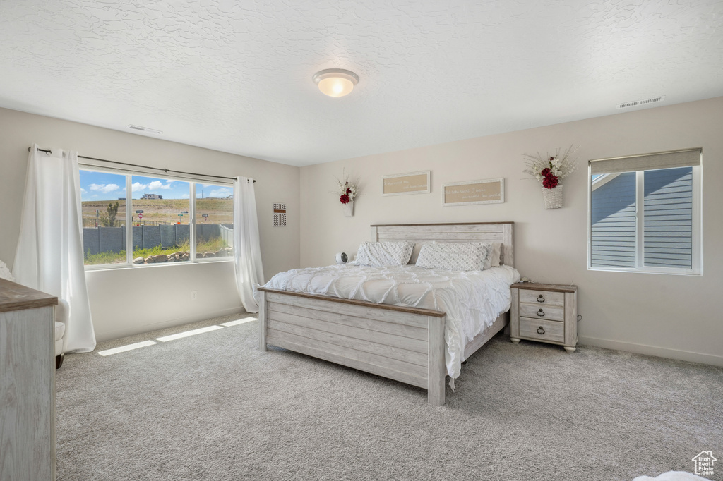 Bedroom featuring carpet floors and a textured ceiling