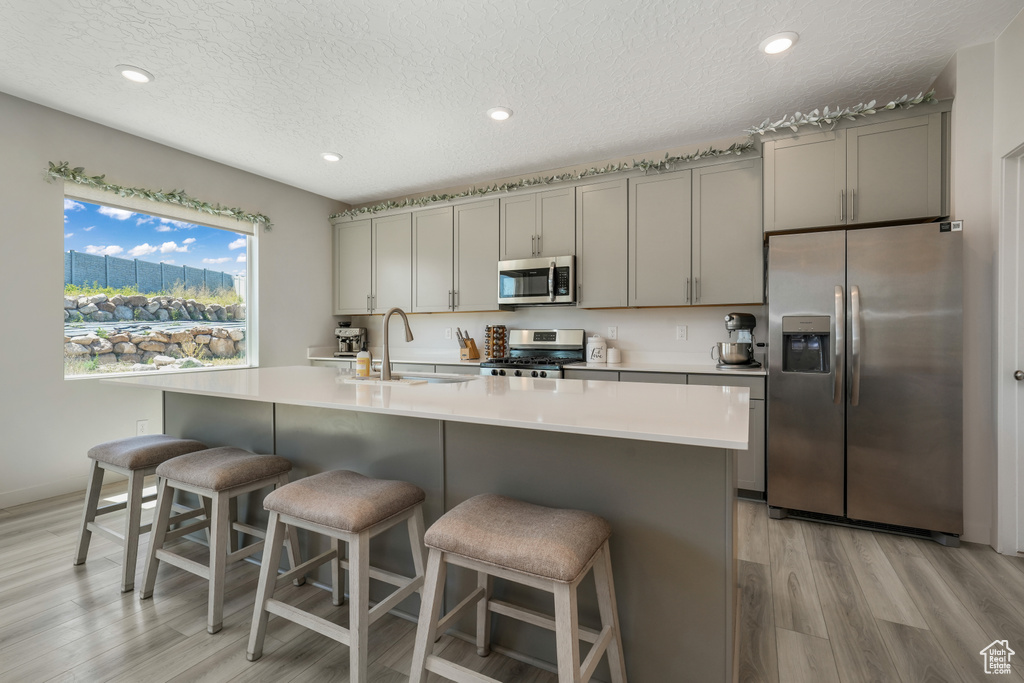 Kitchen featuring stainless steel appliances, gray cabinets, light wood-type flooring, recessed lighting, and light countertops