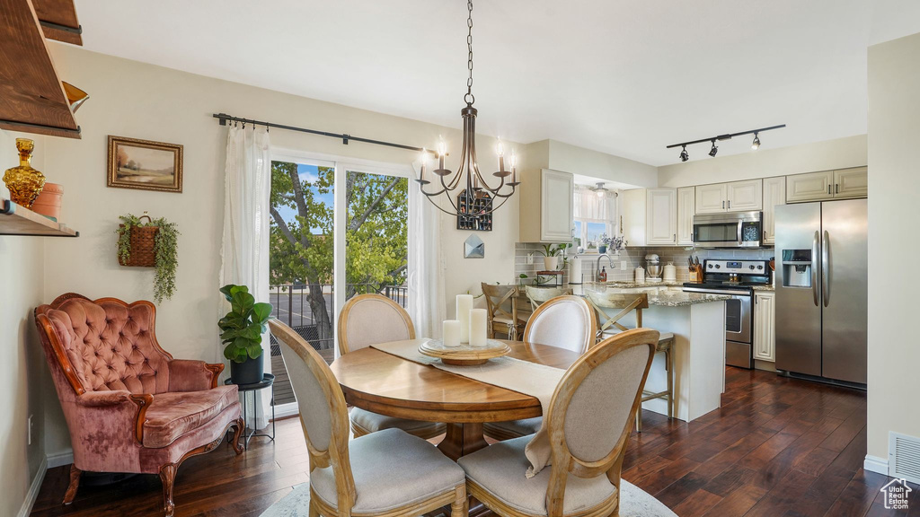 Dining room featuring a chandelier, dark wood-type flooring, and track lighting