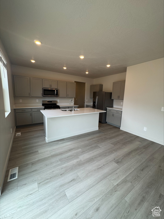 Kitchen featuring gray cabinets, light wood-type flooring, appliances with stainless steel finishes, recessed lighting, and a textured ceiling