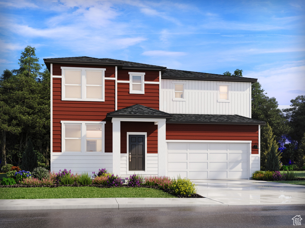 View of front of property with an attached garage, concrete driveway, and a shingled roof