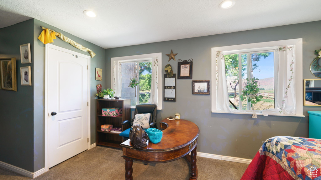 Carpeted bedroom featuring multiple windows, recessed lighting, and an office area