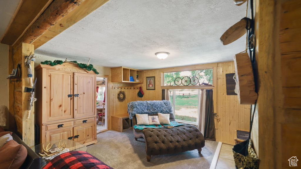Sitting room with wood walls and a textured ceiling