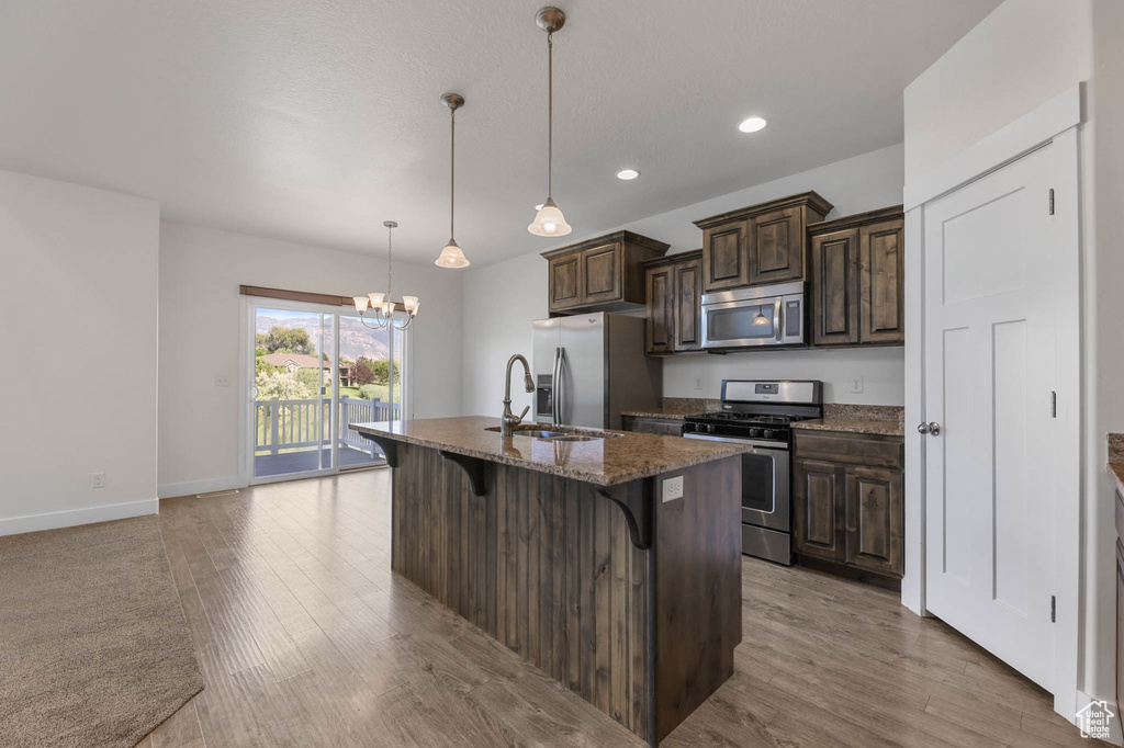 Kitchen with stainless steel appliances, a breakfast bar, light wood-type flooring, dark brown cabinetry, and recessed lighting