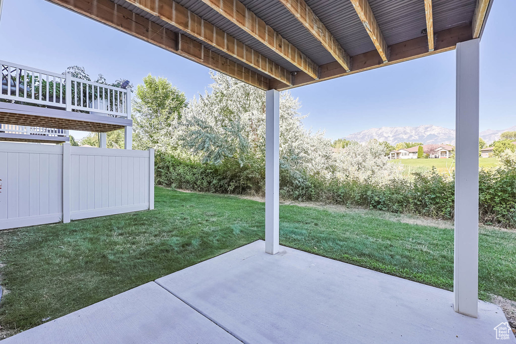 View of patio featuring a mountain view