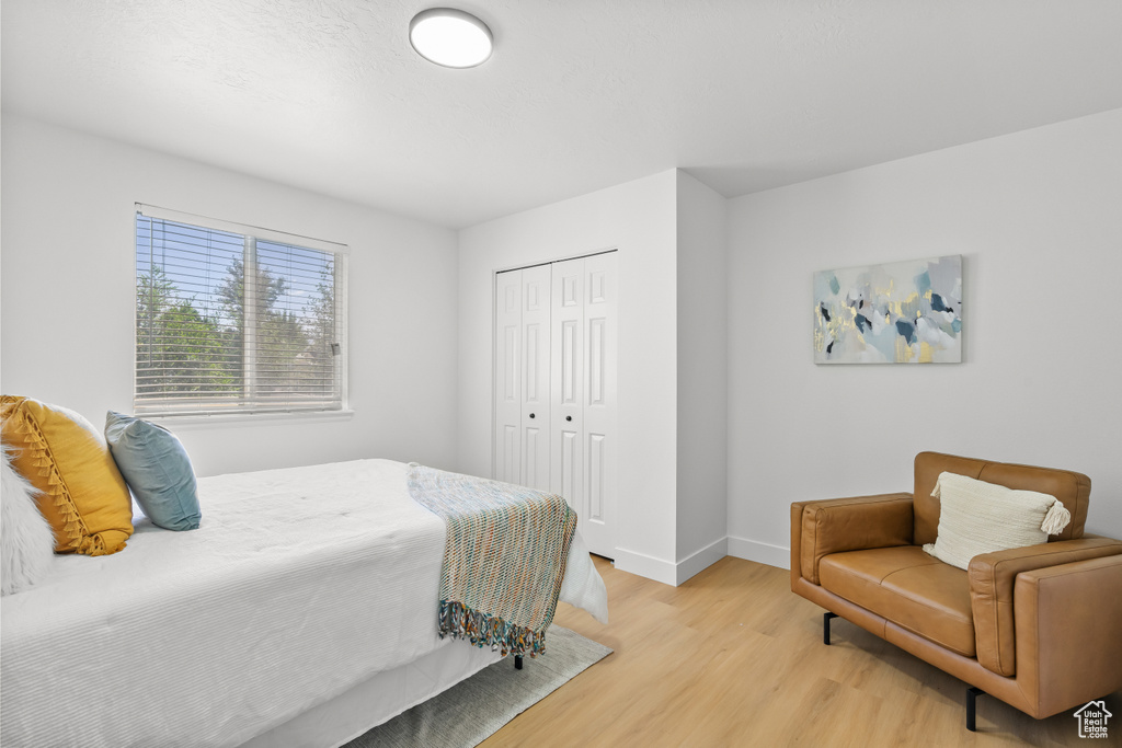 Bedroom with light wood finished floors and a closet